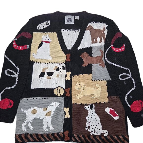 Storybook Knits Sweaters - Vintage 90s Storybook Knits Womens Blue Playful Dogs Cardigan Sweater Size 1X